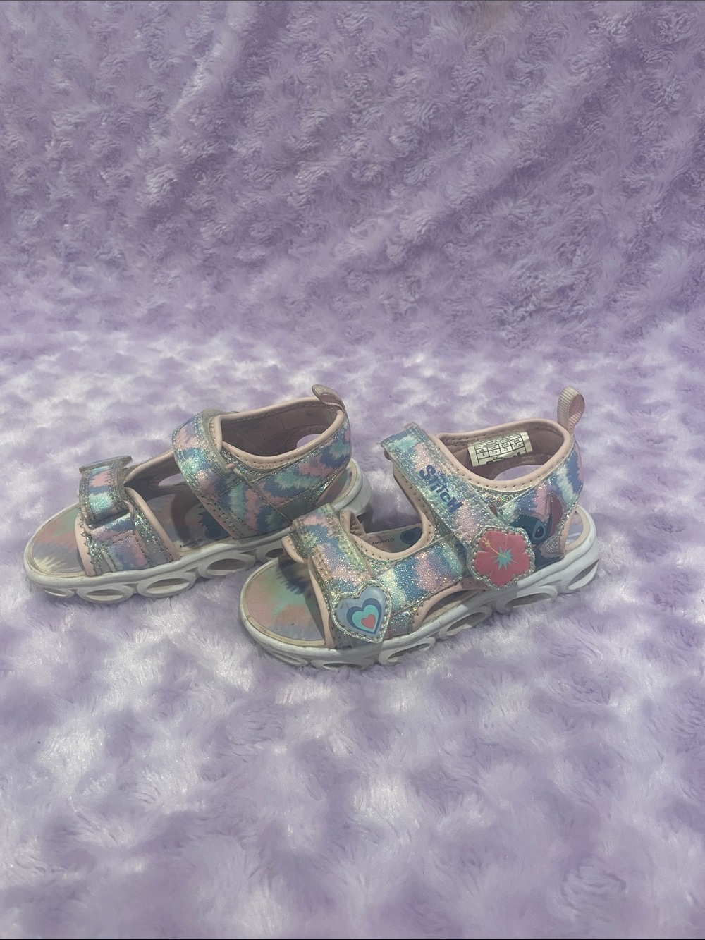 Disney Girls Iridescent Pastel Sandals with Heart & Flower Accents - Pink/Blue